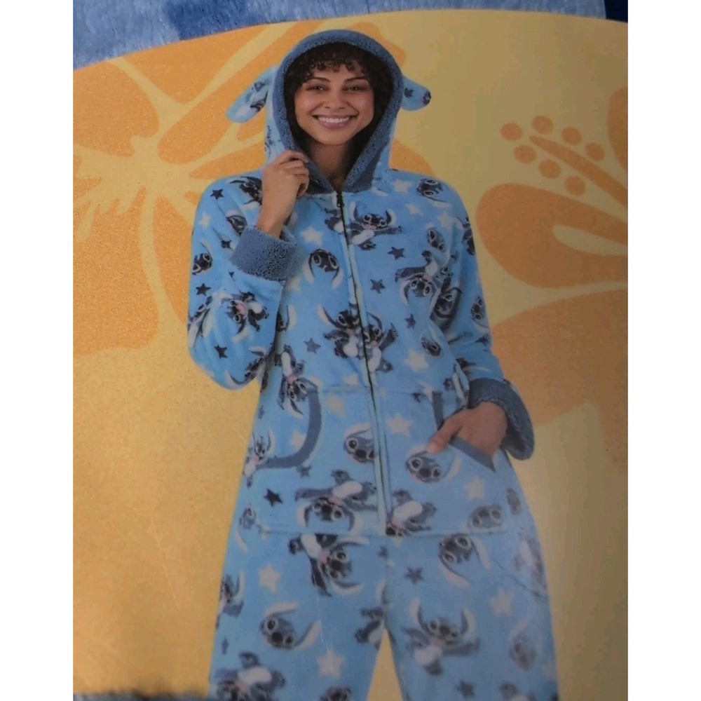 Disney Womens Pajama Stitch Blue One-Piece Hood Ears Pockets Fleece Plush Cozy L